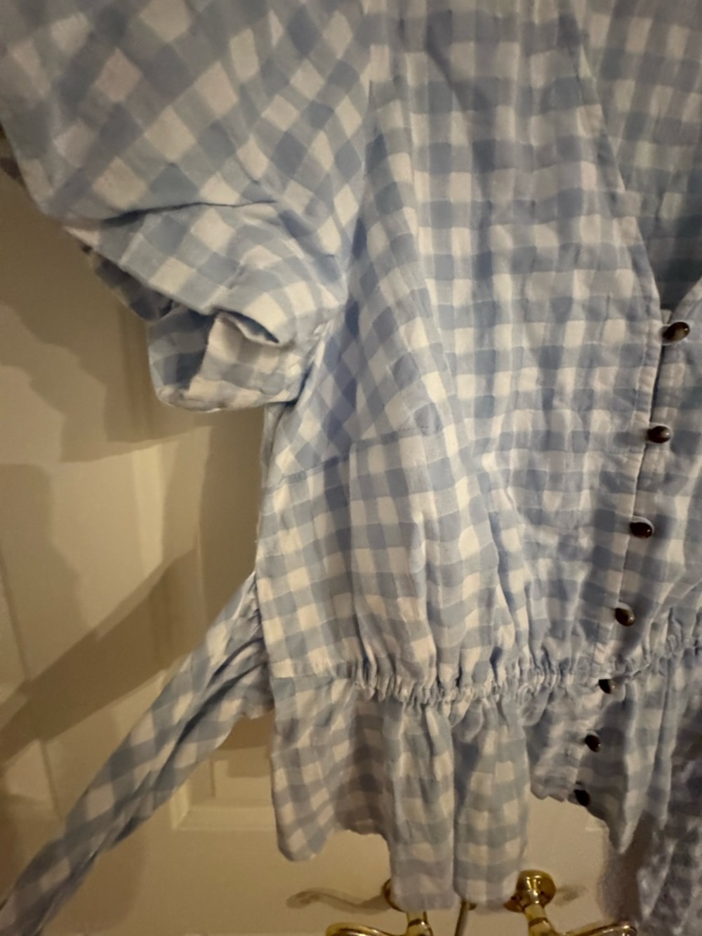 Anthropologie Light Blue and White Gingham Button-Front Tie-Waist Blouse - Picture 9 of 9